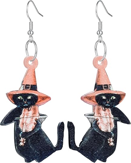 Pair of earrings featuring black cats wearing orange witch hats.