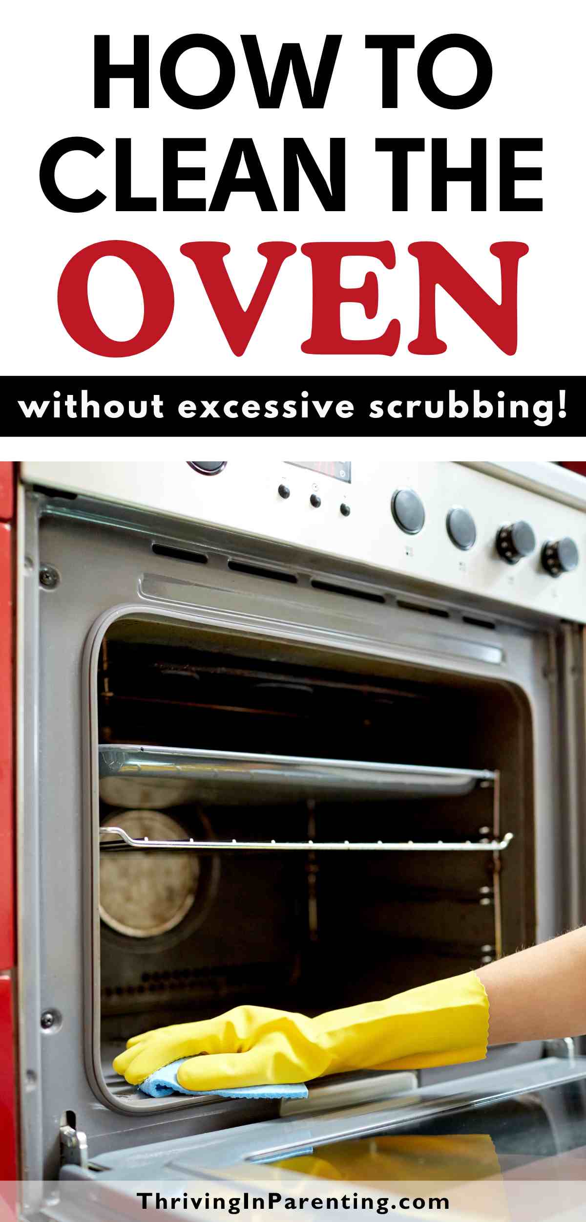Pin image of how to clean the oven blog post.