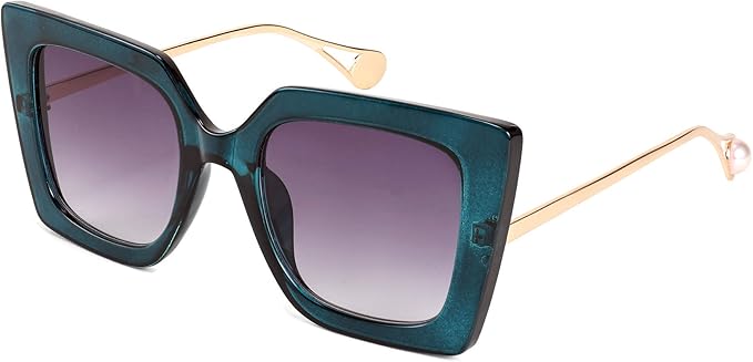 Square oversized sunglasses with dark green frames and gradient lenses, featuring gold arms.