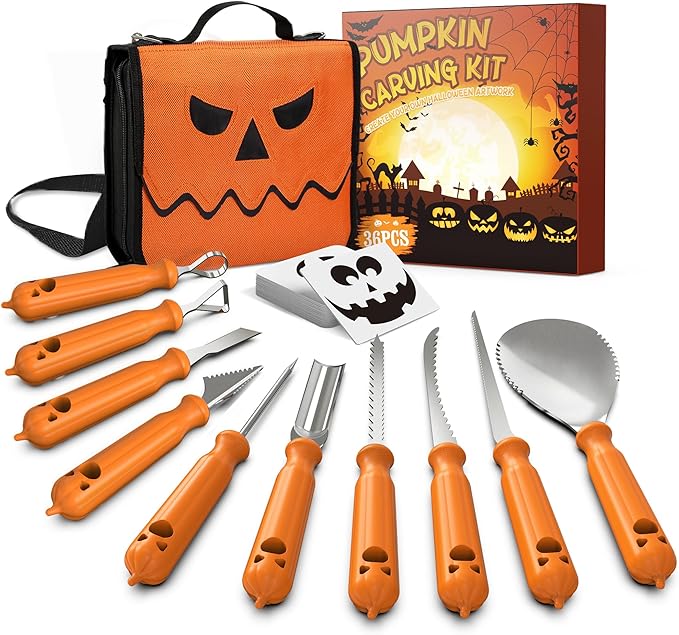 Pumpkin carving kit with various tools and orange handles, a carrying case with a jack-o'-lantern face, stencil sheets, and packaging featuring Halloween graphics.