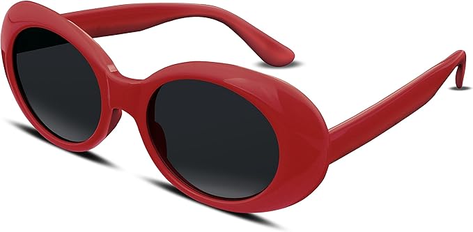 Red oval sunglasses with black lenses.