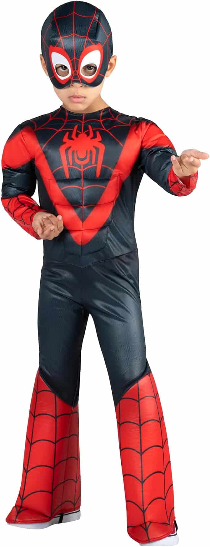 Child in a red and black spider-themed superhero costume with a mask, standing with one arm extended.
