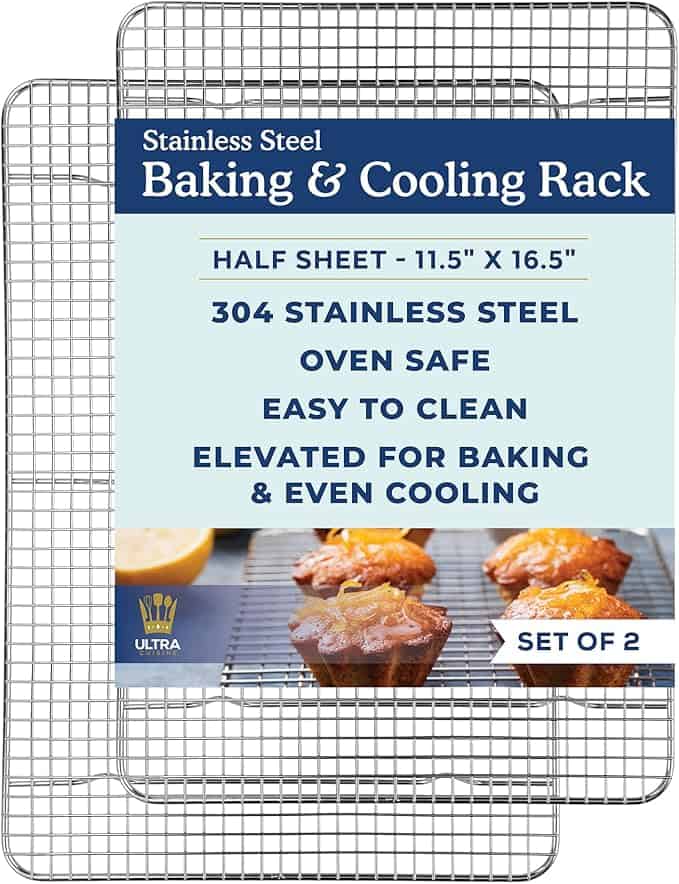 Two stainless steel baking and cooling racks with packaging highlighting features like oven safety, easy cleaning, and even cooling.