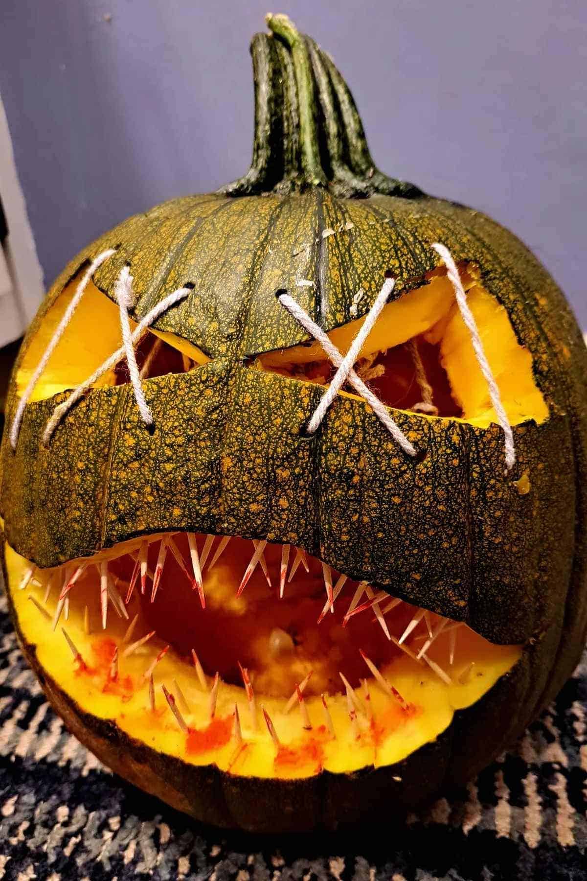 Carved pumpkin with a menacing expression, featuring cross-stitched eyes and sharp tooth-like spikes inside its open mouth.