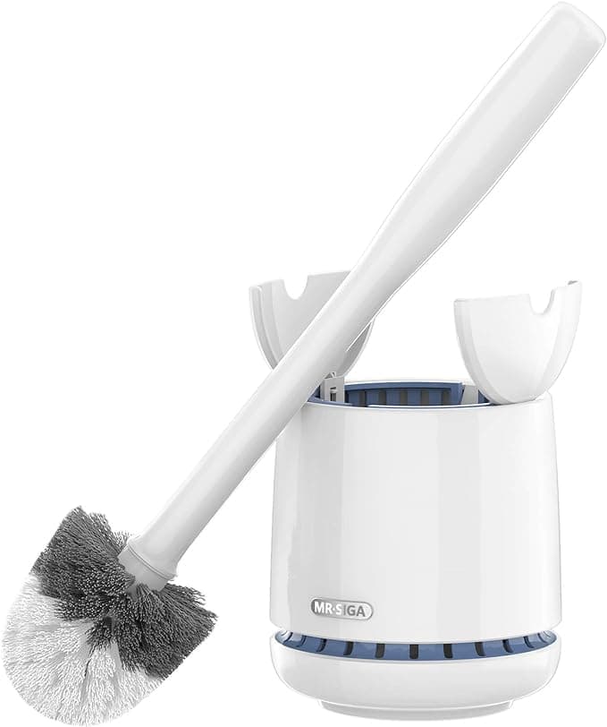 White toilet brush with a long handle, gray bristles, and matching holder.