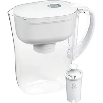 A transparent water pitcher with a white lid and handle, accompanied by a separate white filter cartridge.