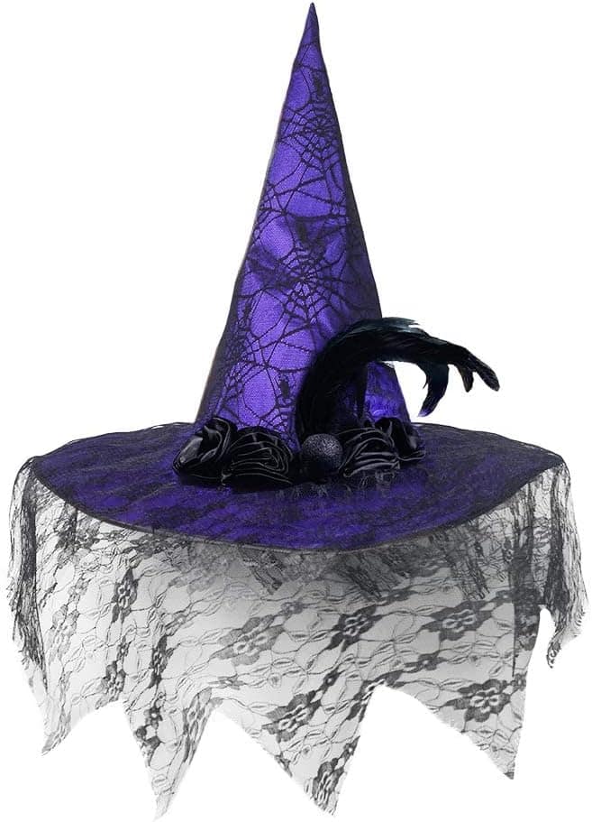 A purple witch hat with black lace, feather, and floral decorations.