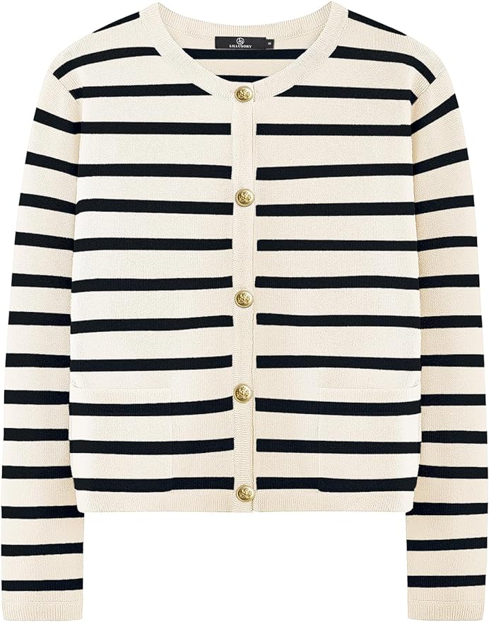 Striped cardigan with black and white horizontal lines, featuring gold buttons and two front pockets.