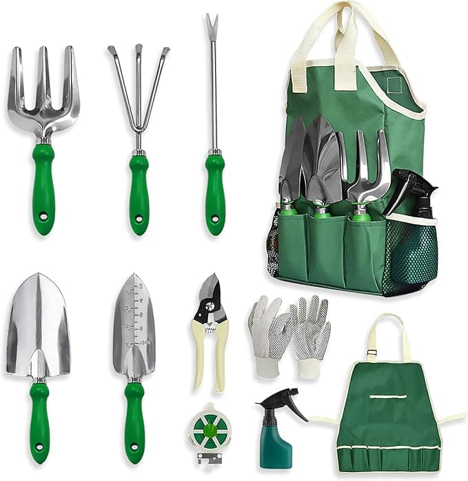 A green gardening tool set with a tote bag, gloves, apron, spray bottle, and various hand tools including trowels, pruners, and a plant tie roll.