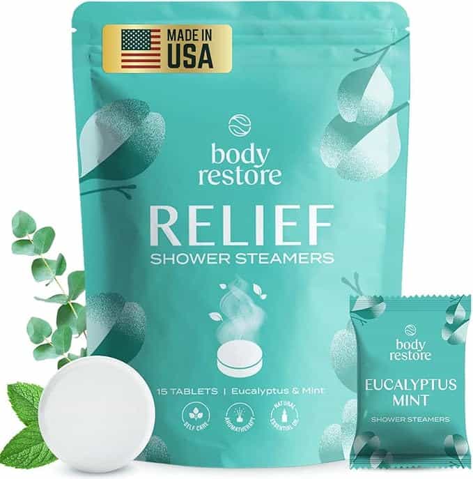 Package of Body Restore Relief shower steamers with eucalyptus mint scent, featuring 15 tablets and made in the USA label.
