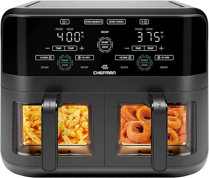 A dual-zone air fryer with digital displays.