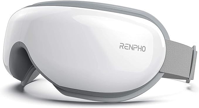 White Renpho eye massager with gray adjustable strap, featuring a glossy finish.