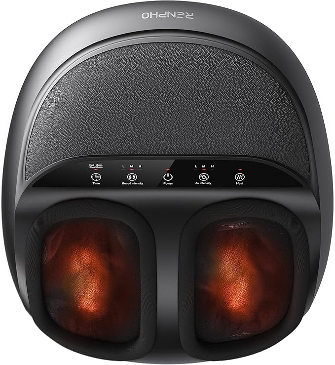 A black foot massager with heat lights, control panel, and multiple settings.