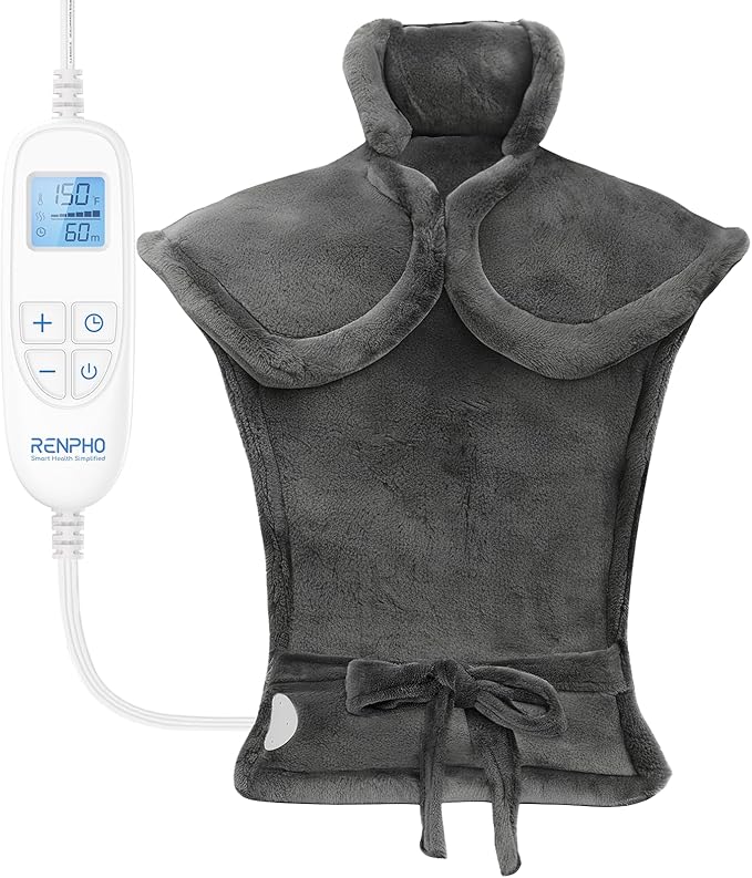 A gray electric neck and shoulder heating pad with a remote control displaying temperature and timer settings.