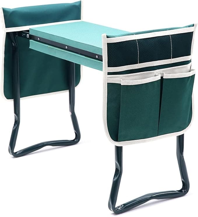 Green foldable garden kneeler with pockets on the sides, featuring a sturdy metal frame and a soft fabric seat.