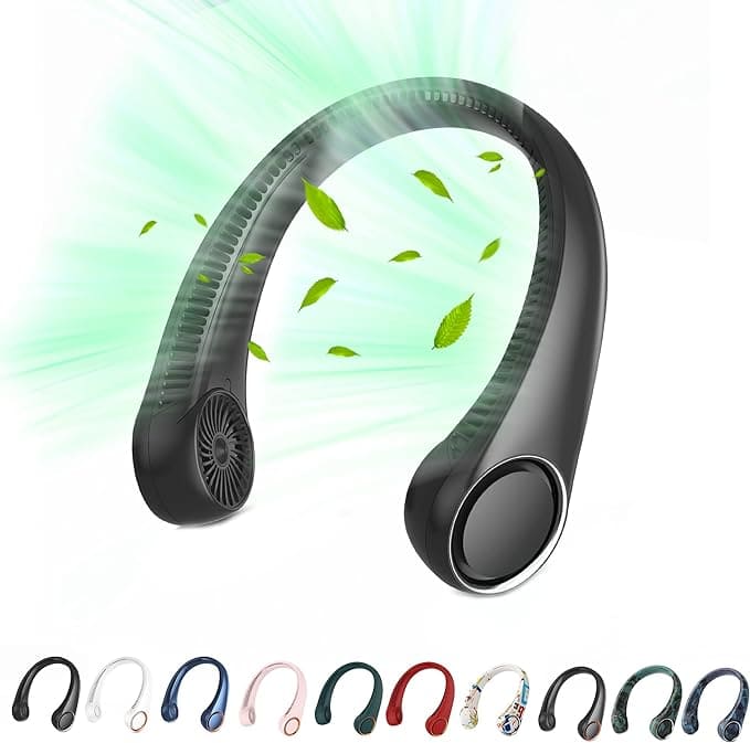 A bladeless neck fan with green airflow effect. Available in multiple colors.