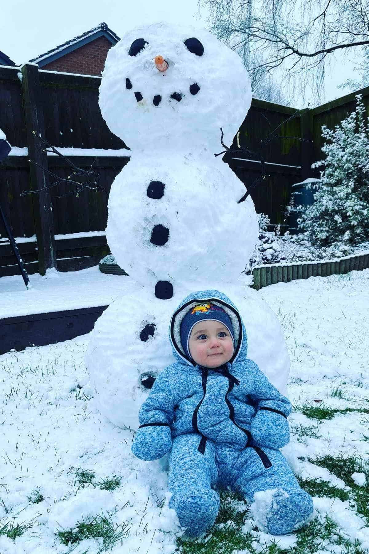 A child in a blue snowsuit sits in the snow in front of a snowman with a carrot nose and coal eyes and buttons.