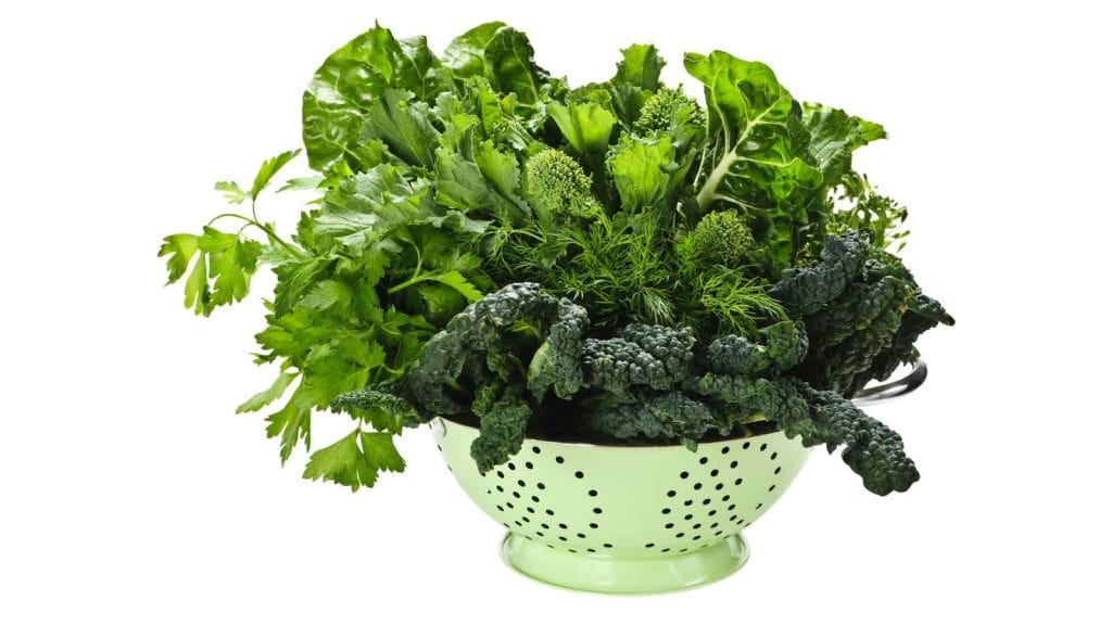 A green colander filled with a variety of fresh leafy greens.