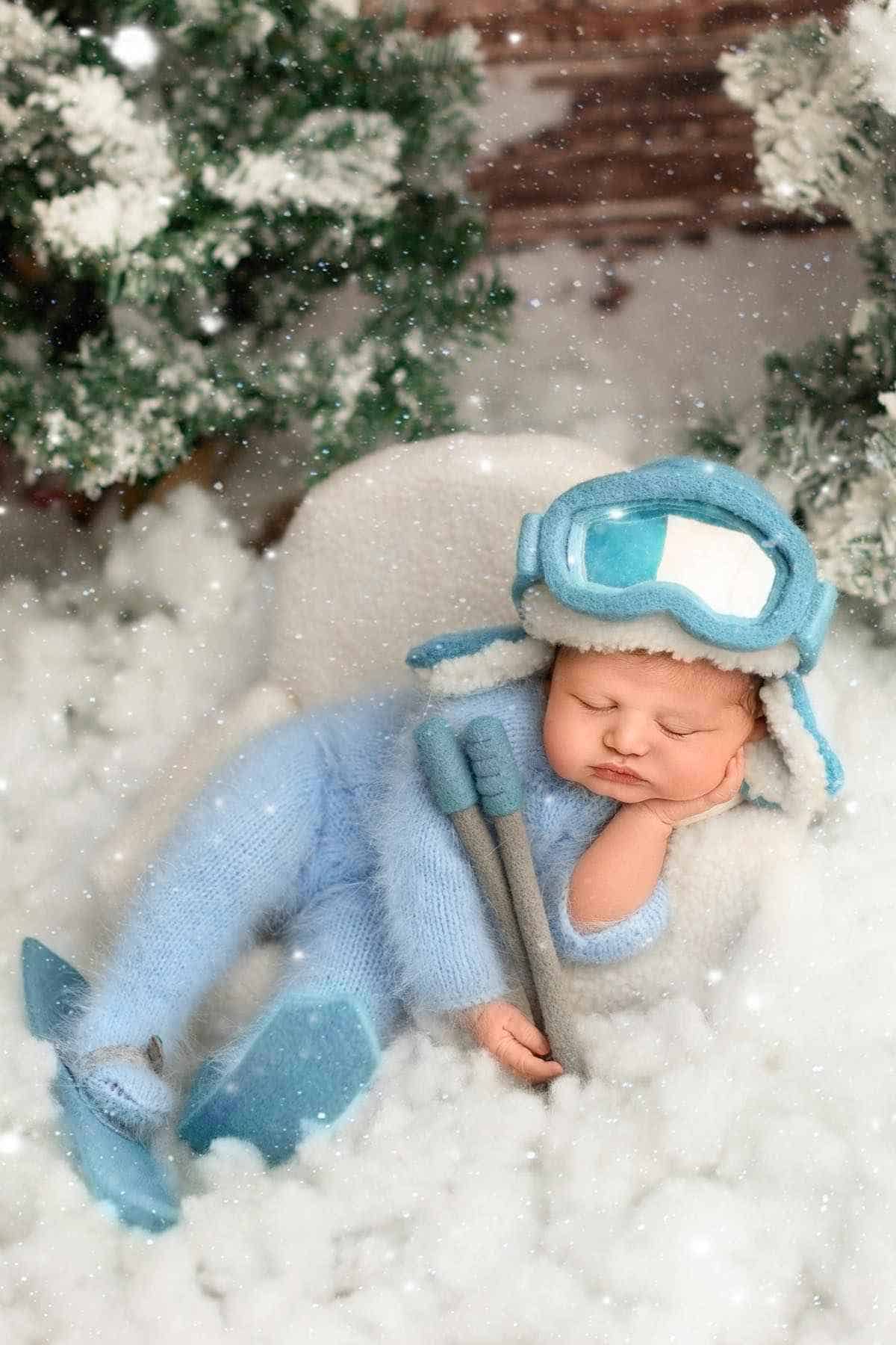 Baby dressed in a blue snowsuit and goggles, sleeping on snow with snowy trees in the background.
