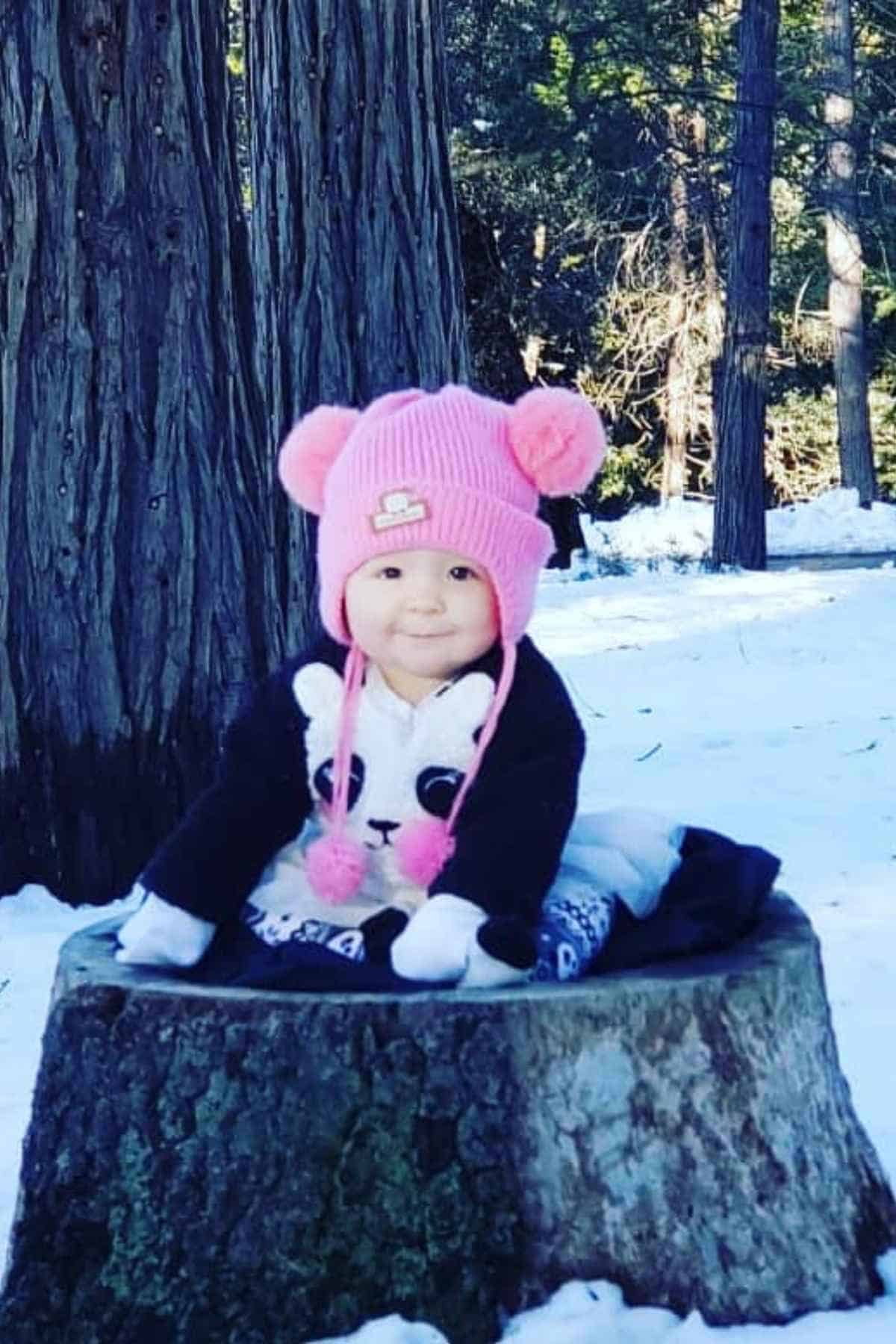 A baby wearing a pink hat and black panda jacket sits on a tree stump in a snowy forest.