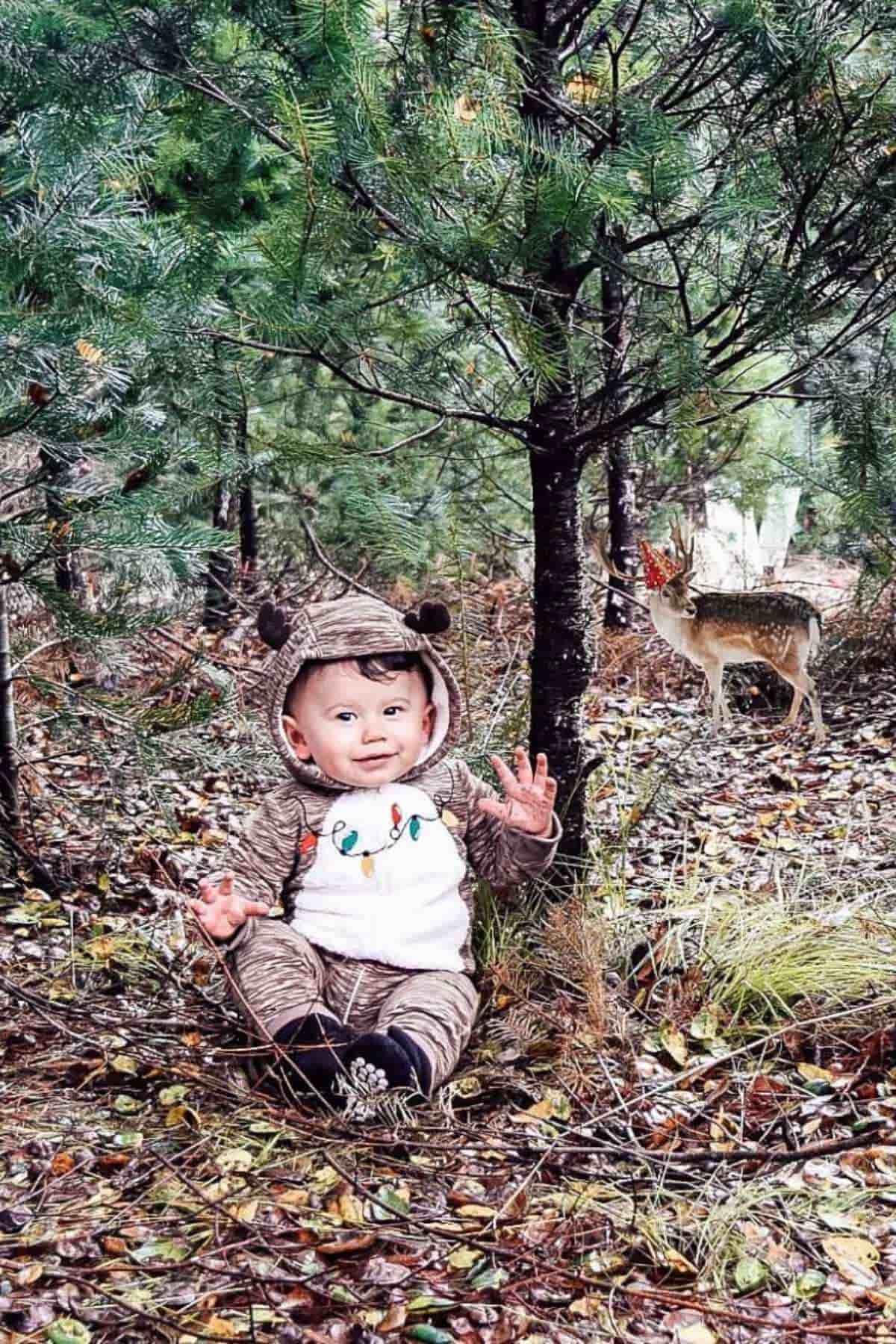 A child in a bear costume sits on the ground in a forest next to a small tree, with a deer standing in the background.