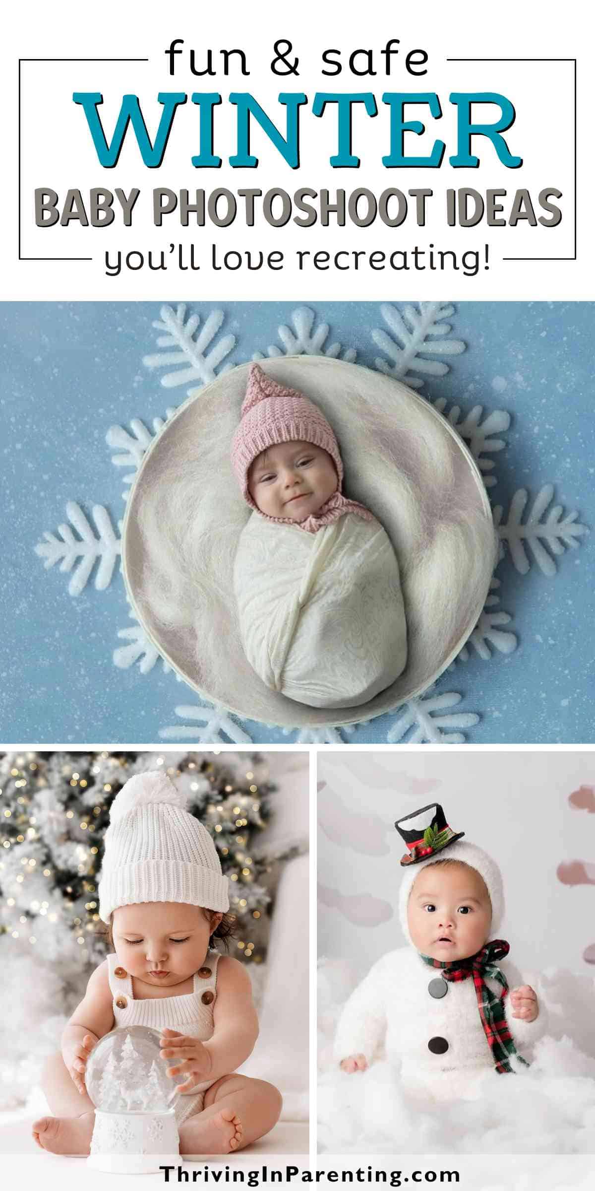 A collage of several winter baby photoshoot ideas.