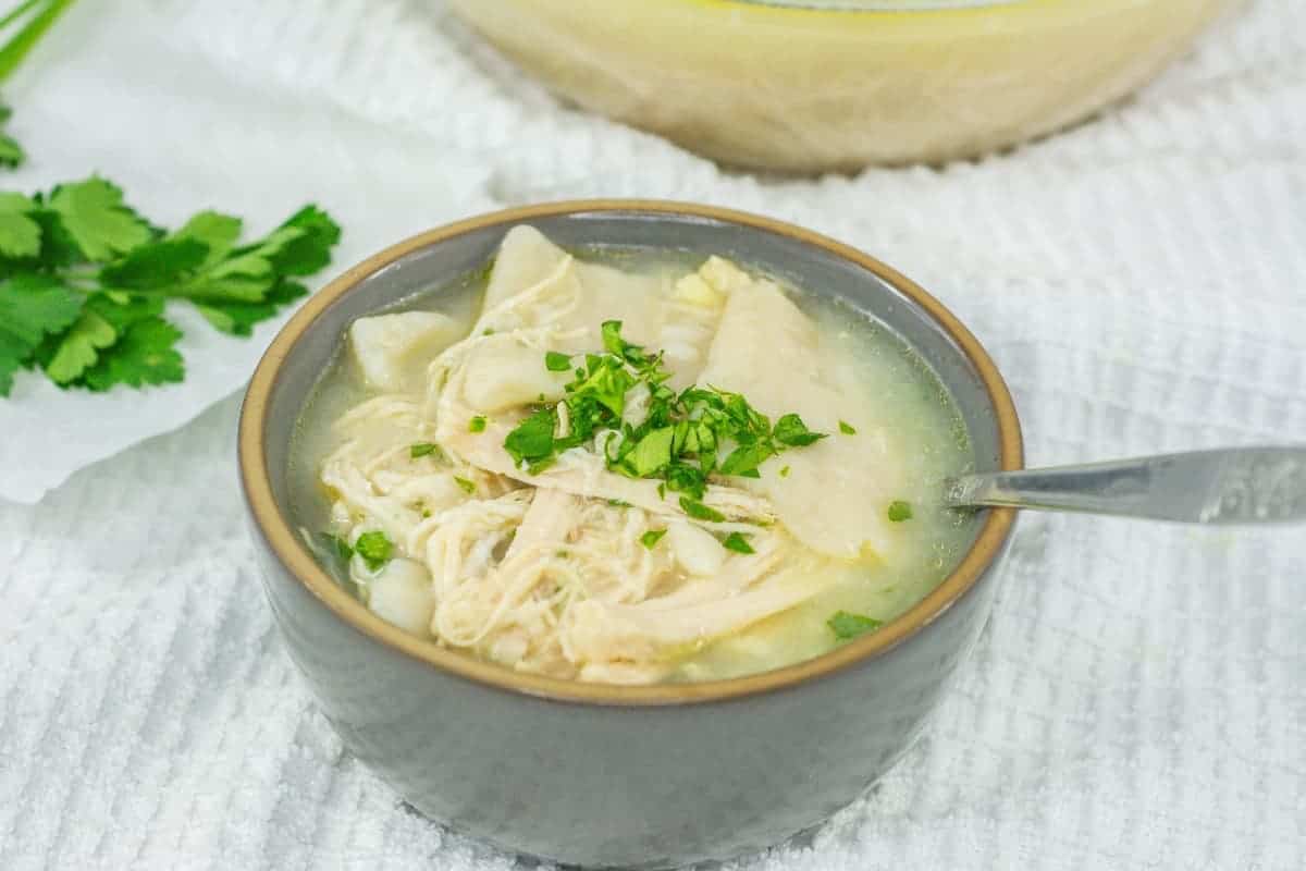 A bowl of chicken and dumplings with a spoon and parsley.