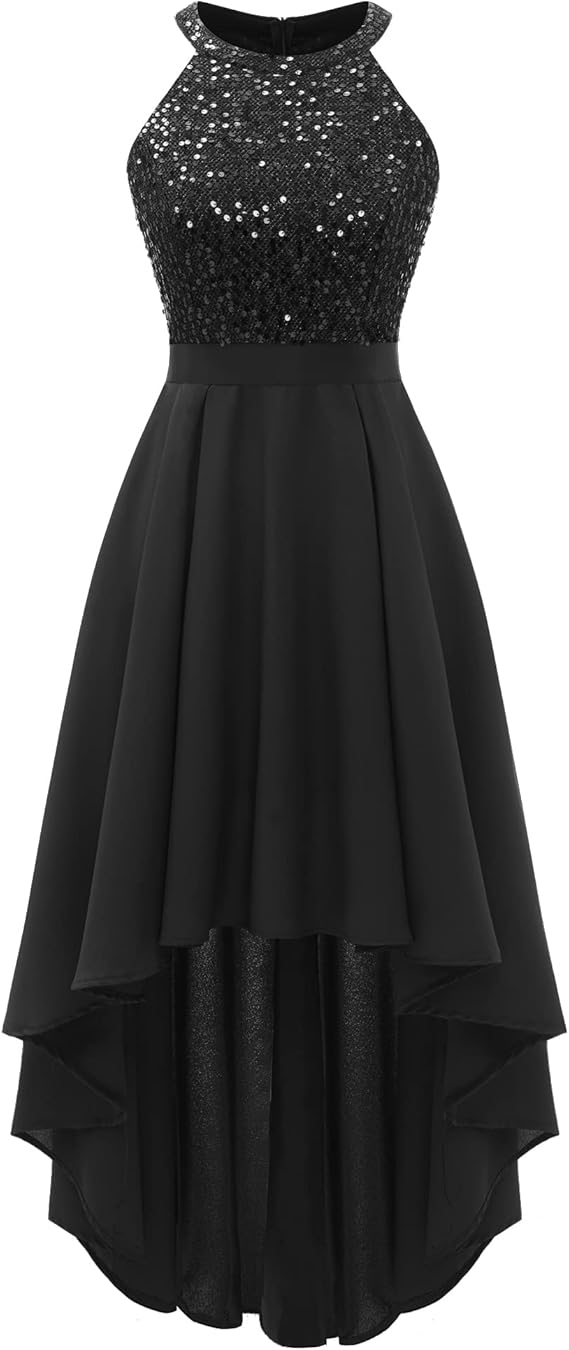 Elegant black high-low dress with a sequined bodice and sleeveless design.