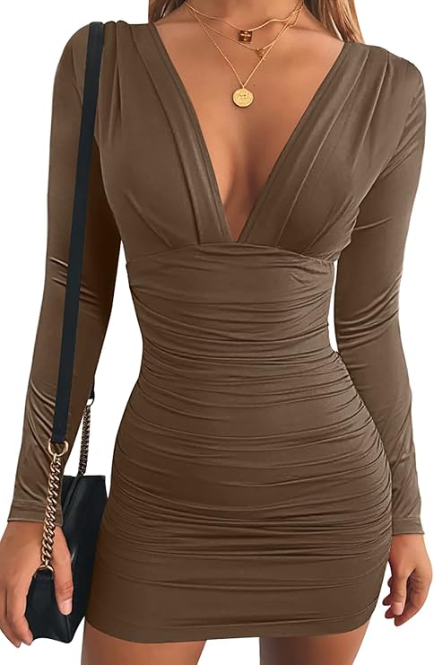 Person wearing a long-sleeved, form-fitting brown dress and holding a black handbag with a gold chain strap.
