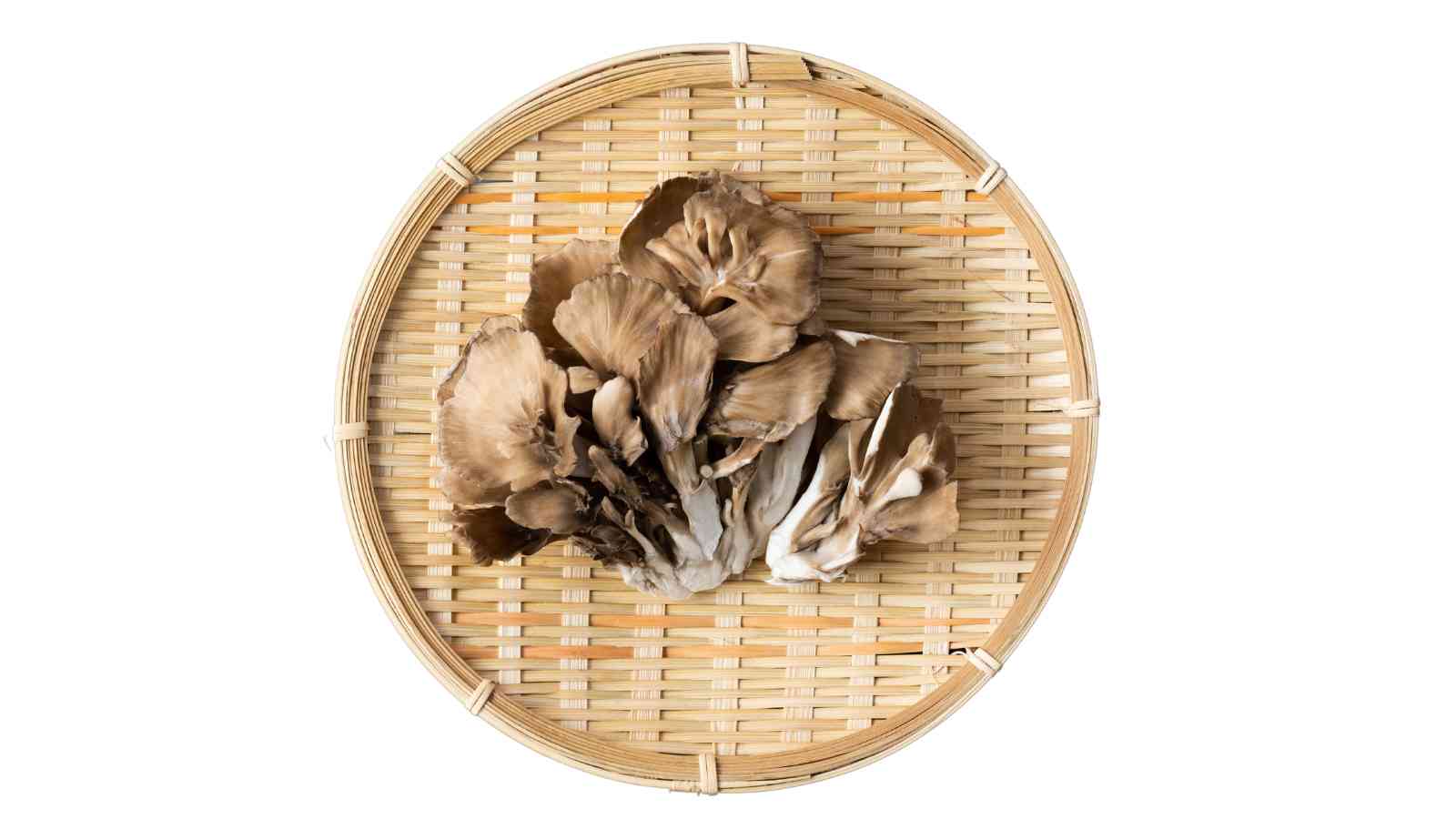 Maitake mushrooms on a round woven rattan basket, isolated on a white background.