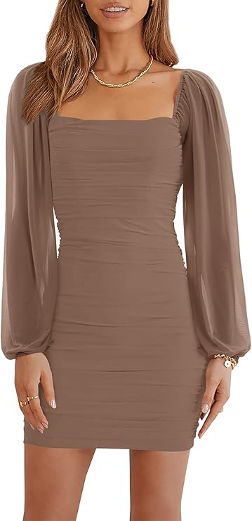 Woman wearing a taupe bodycon dress with long sheer sleeves and a square neckline.