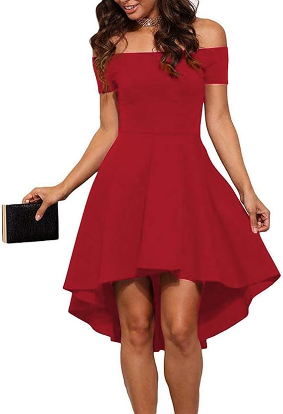 A woman in a red off-shoulder, high-low dress holds a black clutch.