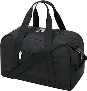 Black duffel bag with two short handles, a long shoulder strap, and a front zip pocket.