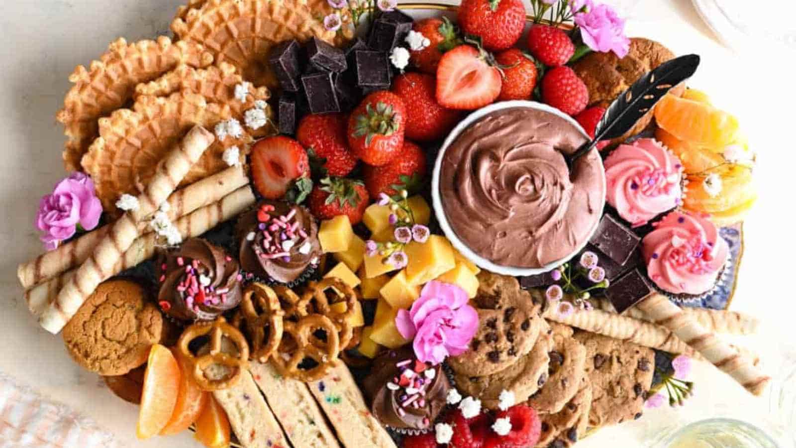 A dessert platter featuring cookies, waffle cones, pretzels, strawberries, chocolate cubes, sliced mango, pink frosted cupcakes, and a bowl of chocolate mousse.