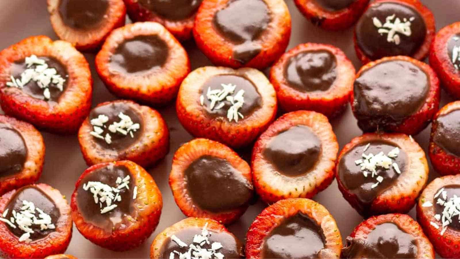 Halved strawberries filled with chocolate and topped with white sprinkles arranged in rows.