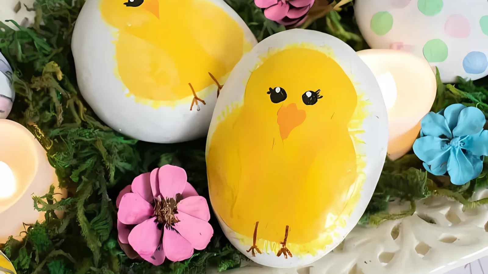 Close-up of rocks painted with yellow chicks, surrounded by pink and blue flowers, candles, and greenery.