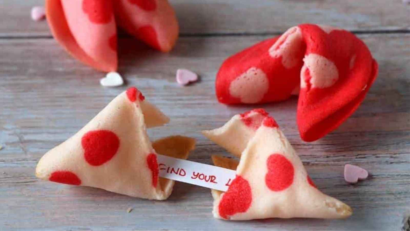 Two fortune cookies, one split open revealing a paper message. Both cookies are decorated with red polka dots. Irregular small heart shapes are scattered around them on a wooden surface.