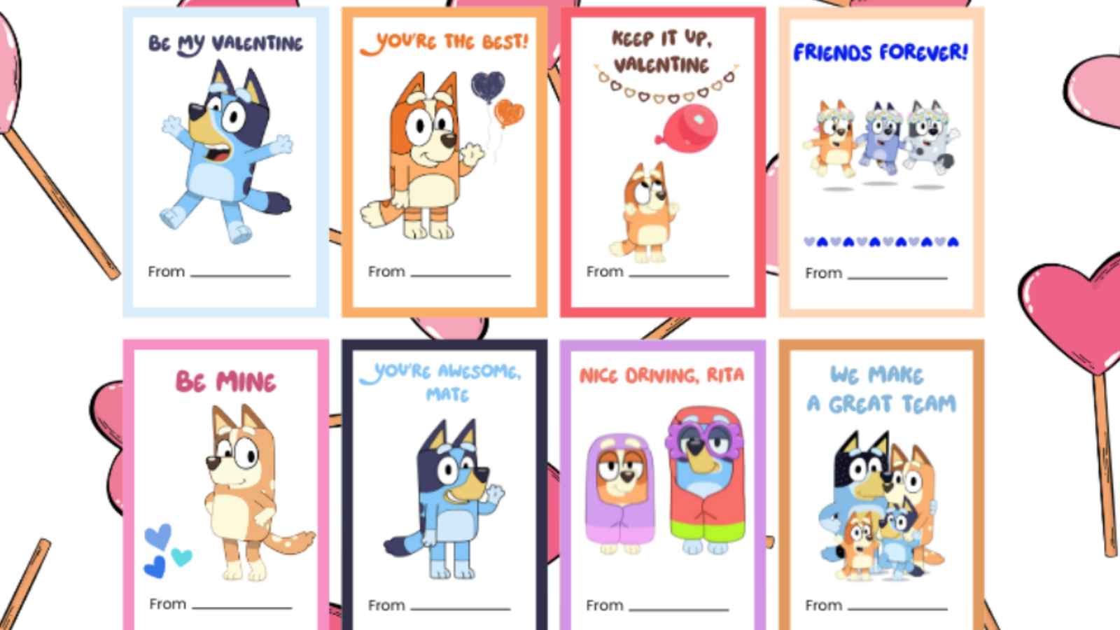 Valentine's cards featuring cartoon dogs with messages like "Be My Valentine," "You're the Best," and "We Make a Great Team." Each card has a "From" space at the bottom.