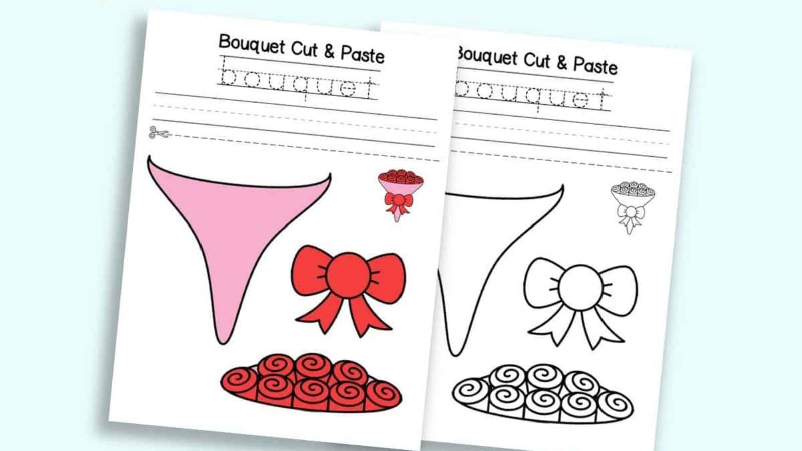 Two worksheets titled "Bouquet Cut & Paste" showing a traced word "bouquet" and drawings of a bow, roses, and a pink object.