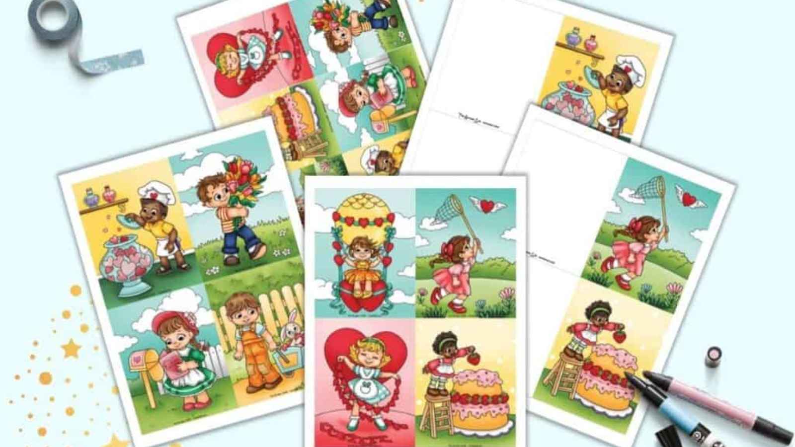 Colorful illustrations of children and chefs in various playful and culinary scenes, surrounded by cakes and balloons.