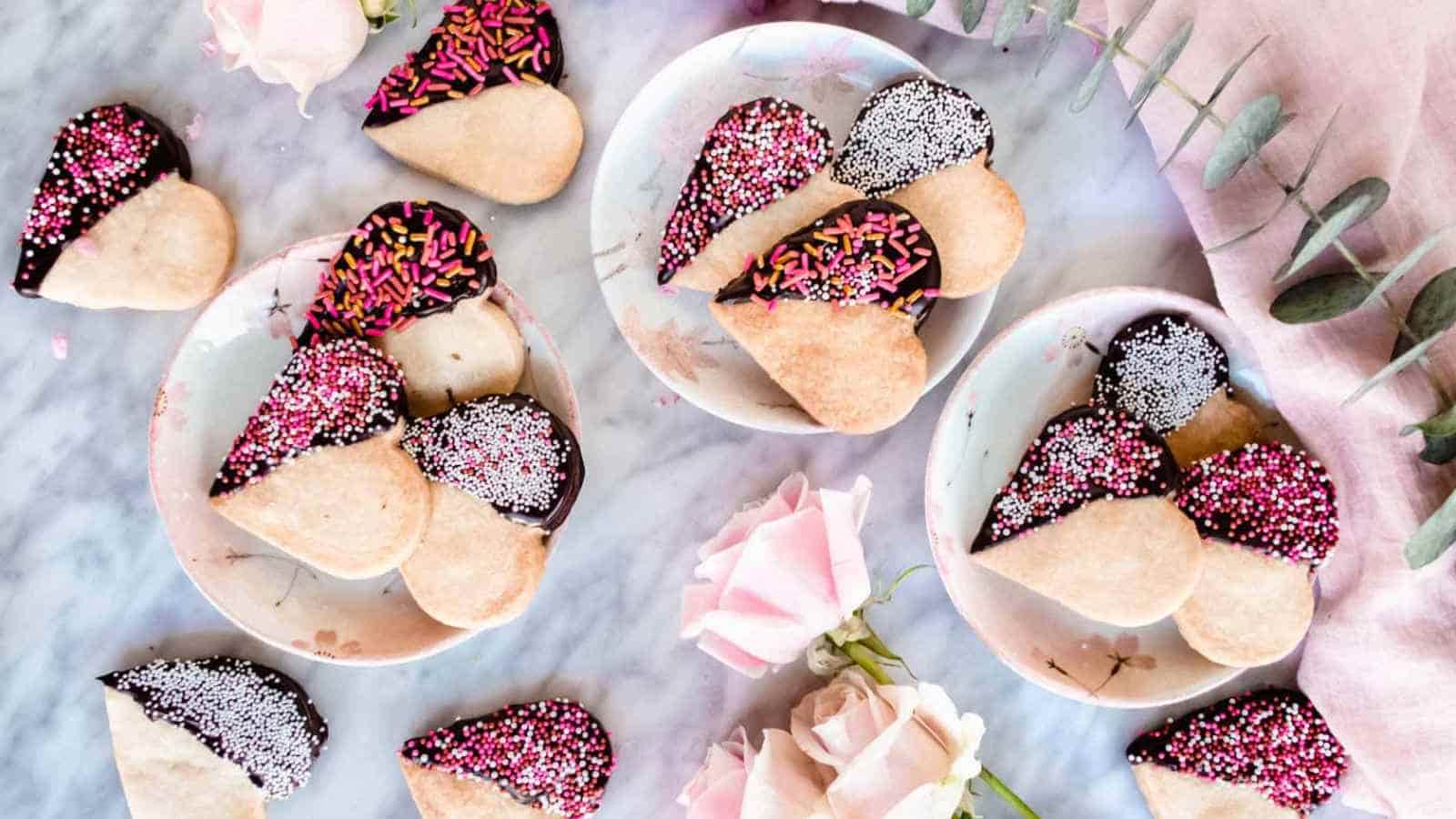 Heart-shaped cookies partially dipped in chocolate with sprinkles are arranged on small plates, surrounded by pink roses and eucalyptus leaves on a marble surface.