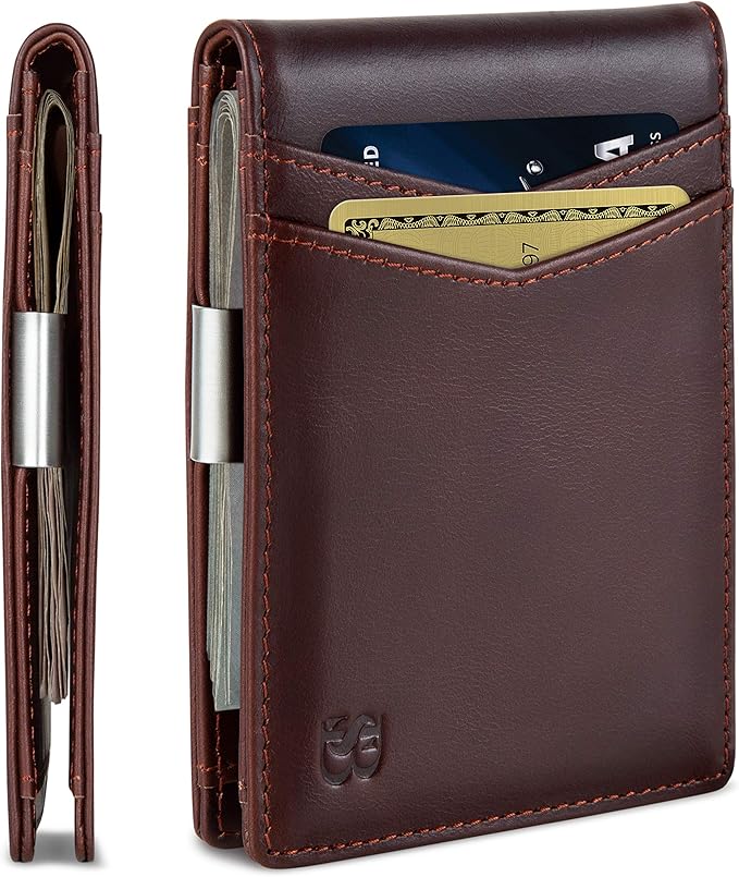 Brown leather wallet with several credit card slots and a visible metal money clip, shown from the side and front.