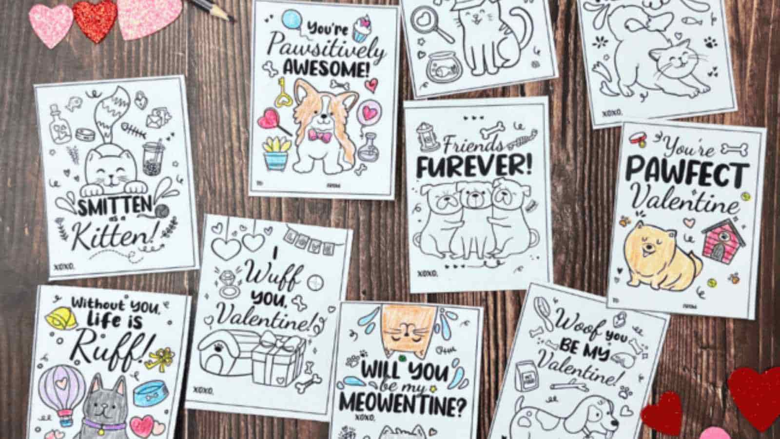 A collection of Valentine's Day cards featuring playful animal puns and illustrations on a wooden surface.