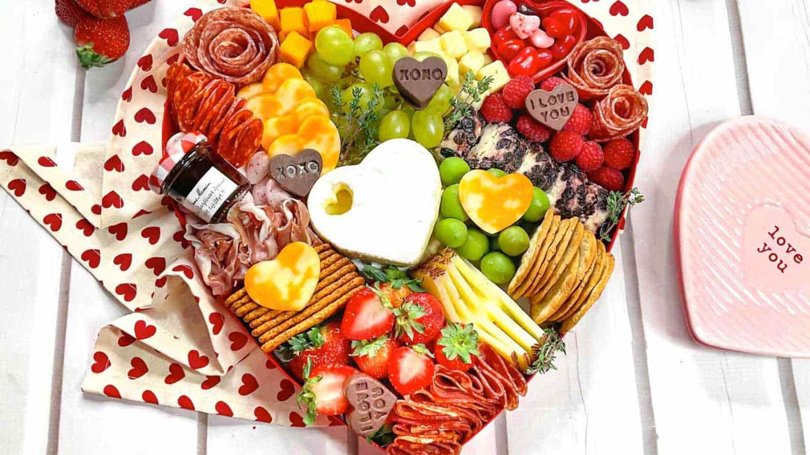 Valentine's Day Charcuterie Board in a heart-shaped container.