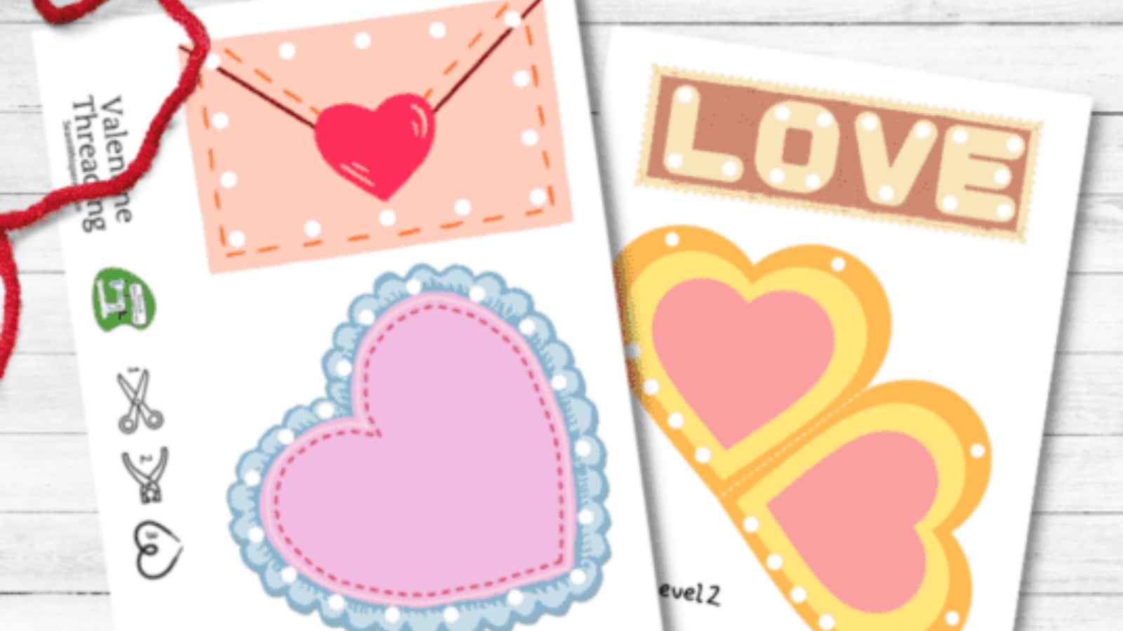 Valentine-themed drawings: a heart in an envelope, "LOVE" with two overlapping hearts, and a pink heart with lace.