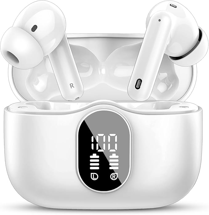 White wireless earbuds with charging case, featuring LED display showing battery level. Earbuds have in-ear design with black accents.