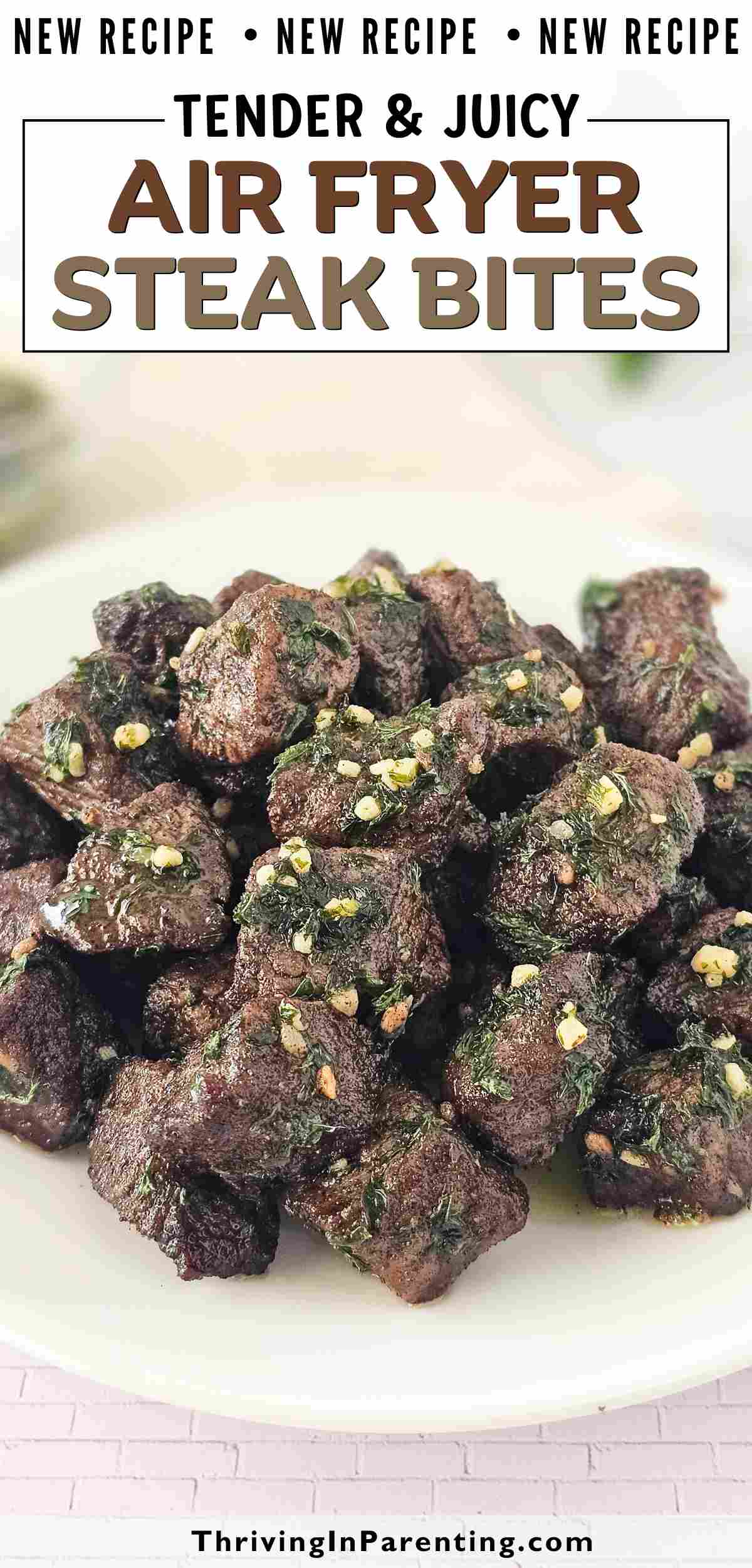 Pin image of air fryer steak bites recipe blog post.