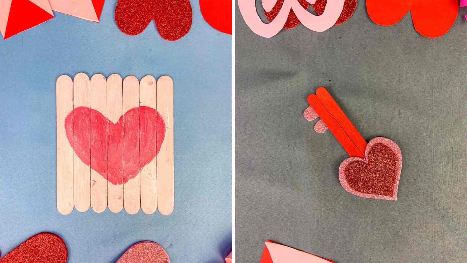 A collage of two Valentine popsicle stick crafts for kids.