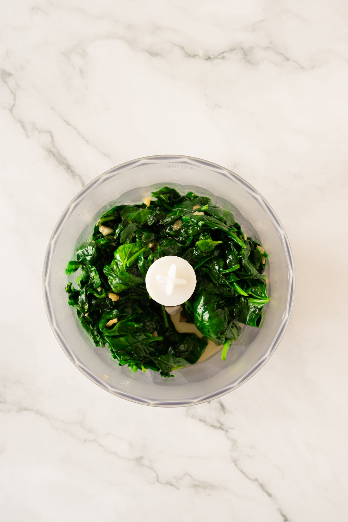 Chopped spinach leaves sit in a clear food processor bowl on the marble countertop, ready to become the savory filling for baked spinach cannelloni.