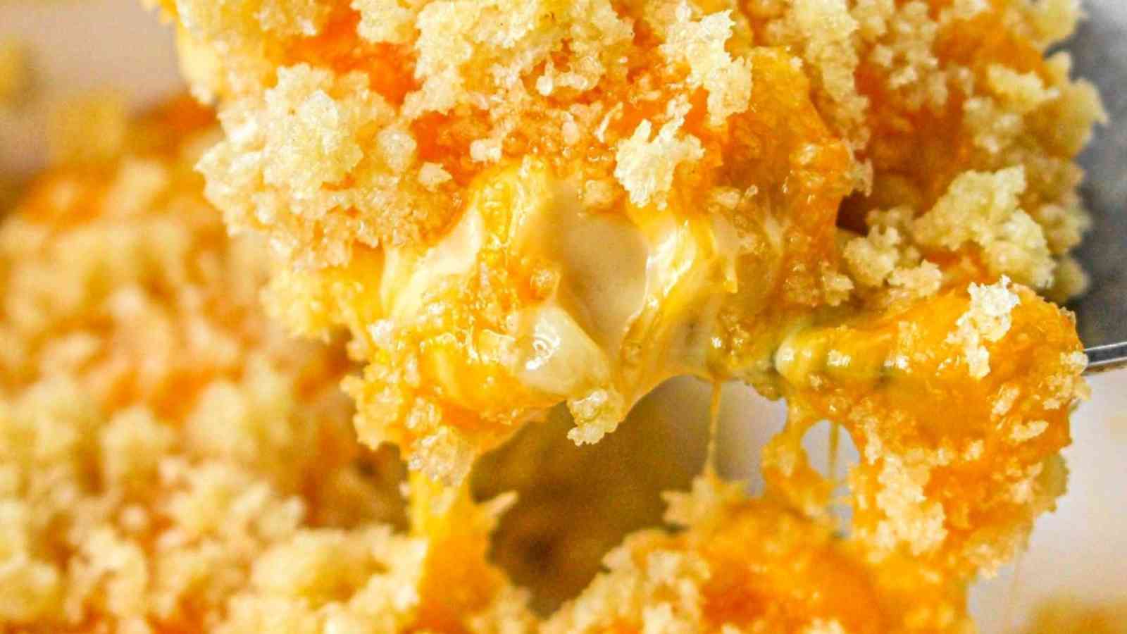 Close-up of mac and cheese with a golden breadcrumb topping. The cheese is gooey and melted, with a rich yellow and orange color. The breadcrumb crust appears crispy and slightly crumbly.
